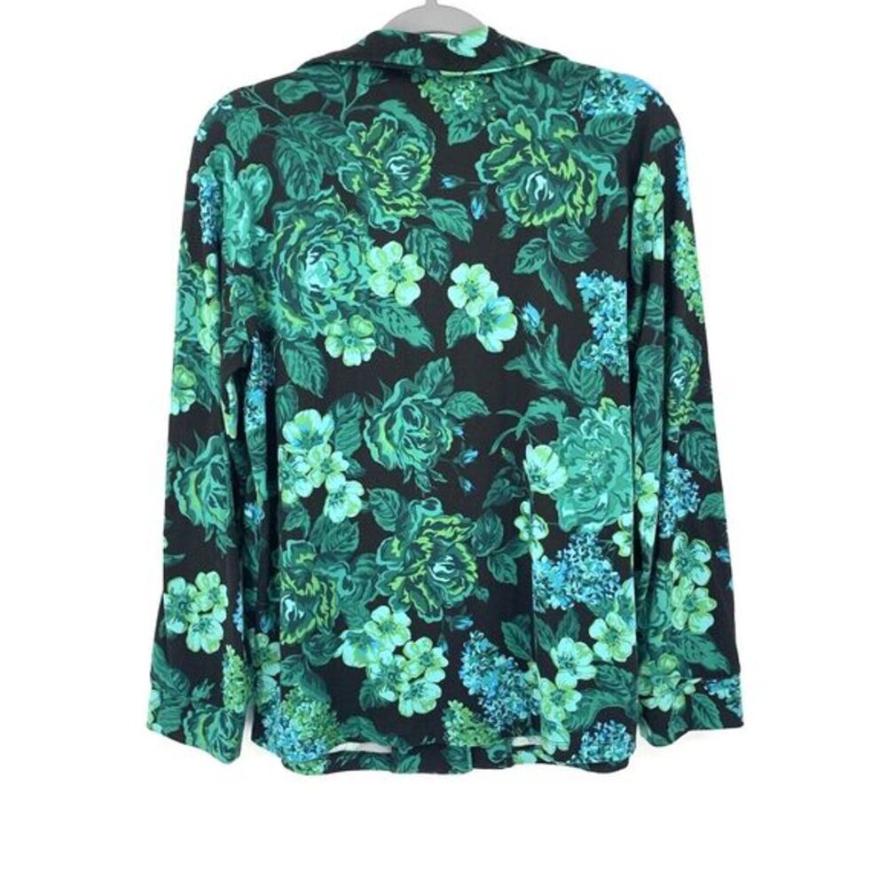 Isaac Misrahi Live! Black Green Floral Button Up Stretch‎ Women's Blouse Size XS